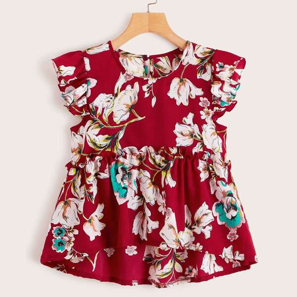 

Floral Print Ruffle Armhole Smock Top
