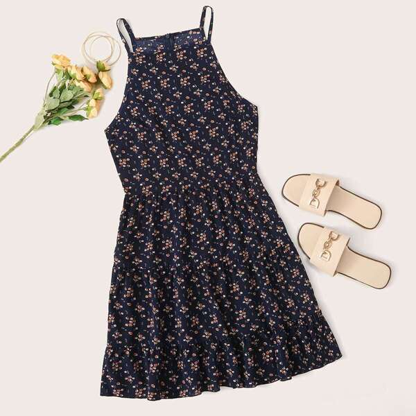 

Ditsy Floral Print Ruffle Hem Halterneck Dress