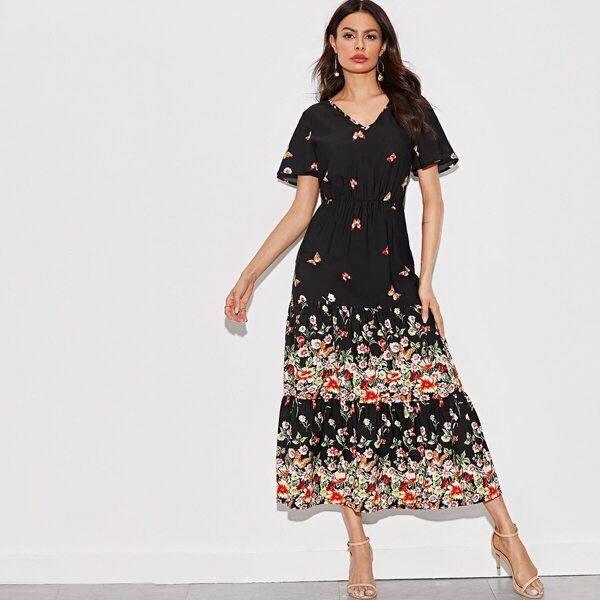 

Floral & Butterfly Print Layered Ruffle Hem Dress
