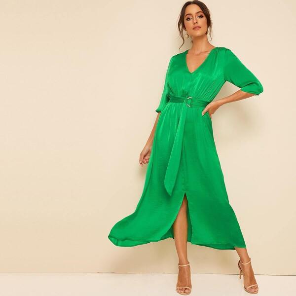 

V Neck Slit Hem Belted Satin Dress