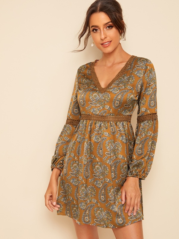 

Paisley Print Lace Insert Dress, Multicolor, Mary P.