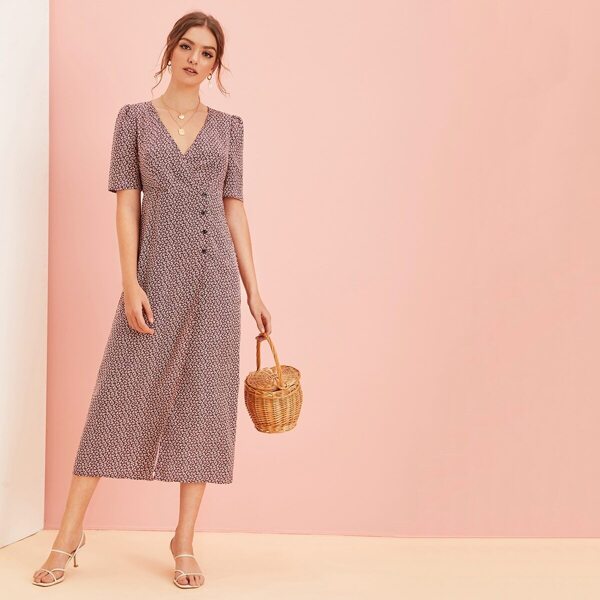 

Ditsy Floral Button Front Surplice Neck Dress