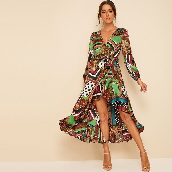 

Scarf Print Ruffle Hem Wrap Belted Dress, Multicolor