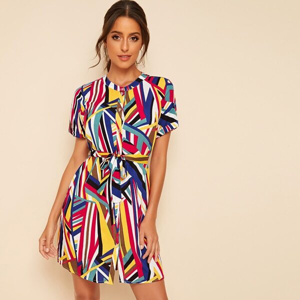 

Striped Button Front Belted Dress, Multicolor