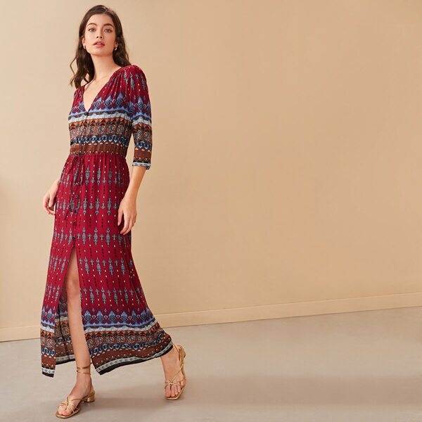 

Tribal Print Drawstring Waist Shirt Dress