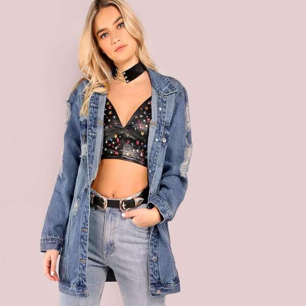 

Button Front Ripped Detail Longline Denim Jacket, Blue