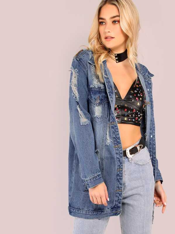 

Button Front Ripped Detail Longline Denim Jacket, Blue, Elizabeth Jamroz