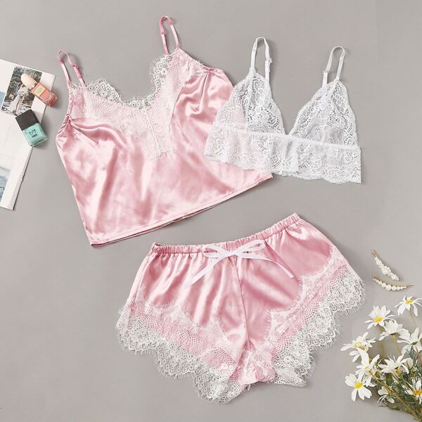 

Floral Lace Satin Lingerie Set 3pack