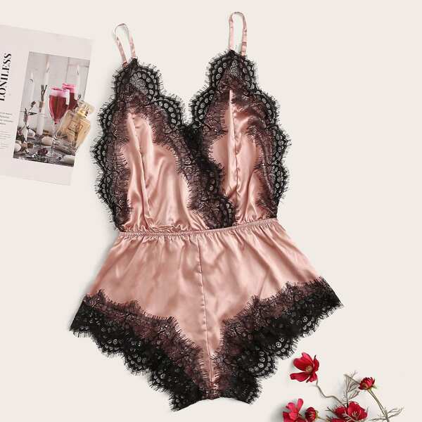 

Eyelash Lace Satin Romper Bodysuit, Dusty pink
