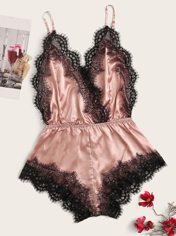 

Eyelash Lace Satin Romper Bodysuit, Pink