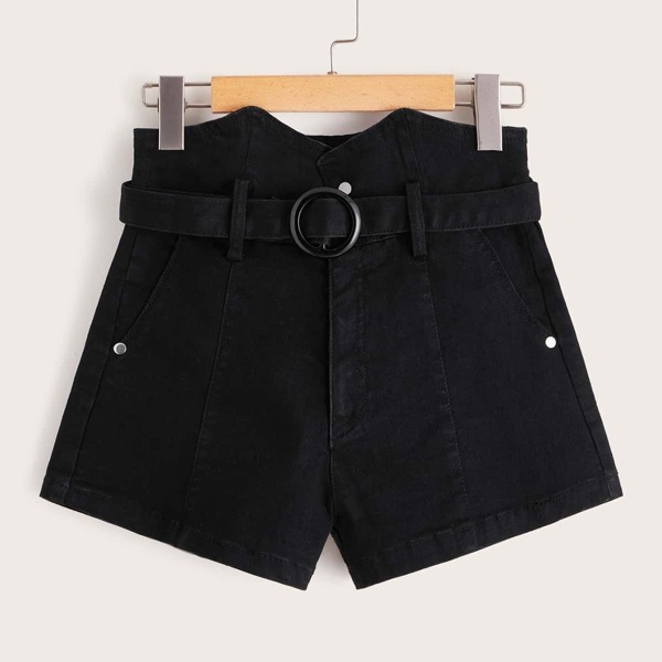 

Black Wash Cuffed Hem Belted Denim Shorts