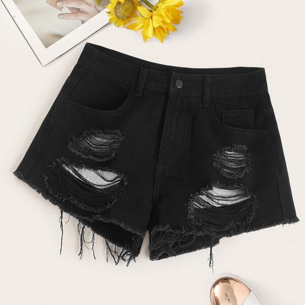 

Raw Hem Ripped Detail Denim Shorts