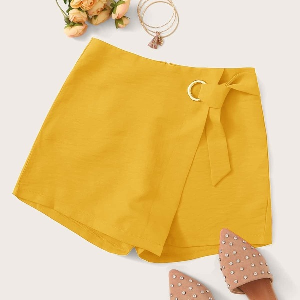 

Solid Ring Belted Wrap Skort, Yellow bright