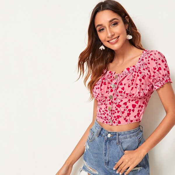 

Heart Print Button Front Frill Trim Top