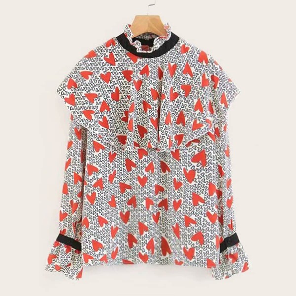 

Heart Print Frill Neck Flounce Sleeve Blouse