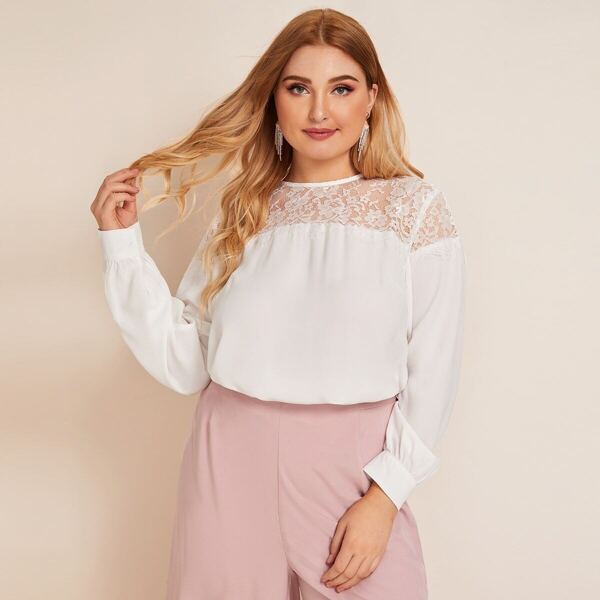 

Plus Keyhole Back Lace Yoke Top