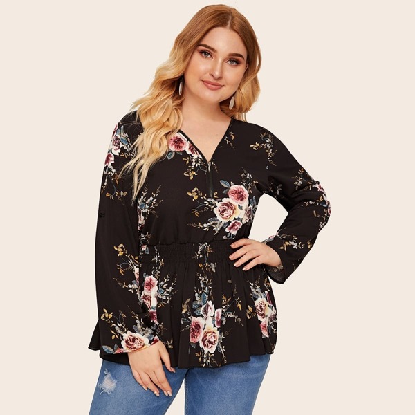 

Plus Floral Print Shirred Waist Peplum Top, Black
