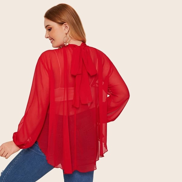

Plus Solid Tie Back Sheer Top Without Bra