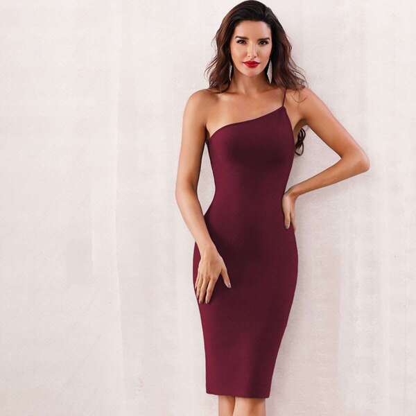 

Solid One Shoulder Zip Back Bodycon Dress, Burgundy