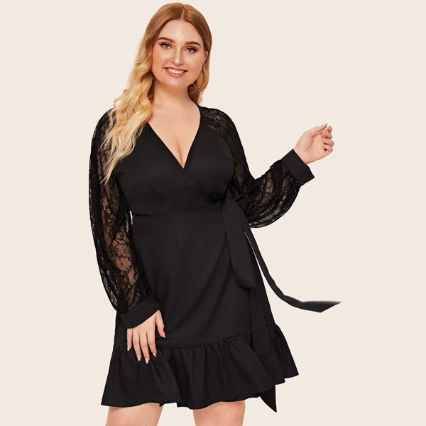 

Plus Lace Raglan Sleeve Ruffle Hem Wrap Knotted Dress