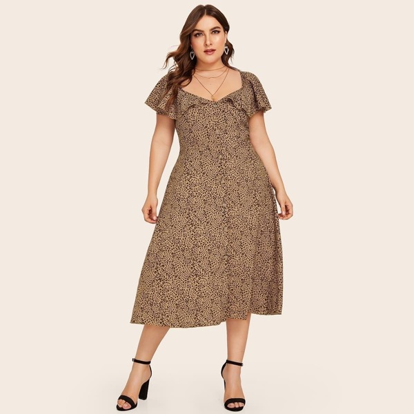 

Plus Leopard Print Ruffle Trim Dress