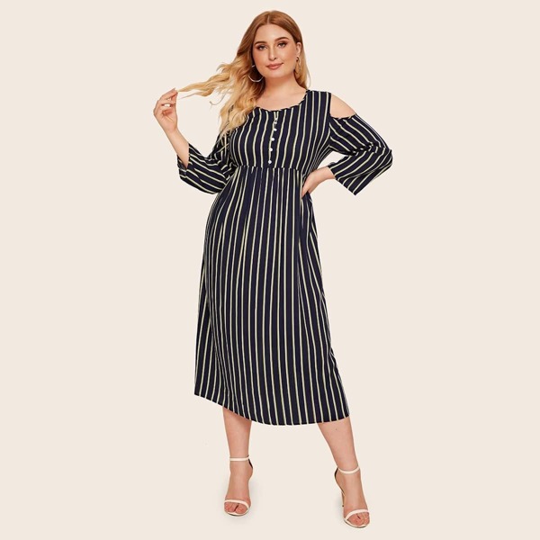 

Plus Striped Cold Shoulder Button Front Dress, Black