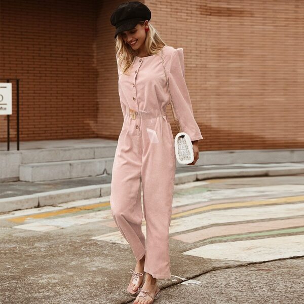 

Simplee Button Front Puff Sleeve Corduroy Belted Jumpsuit, Pink pastel