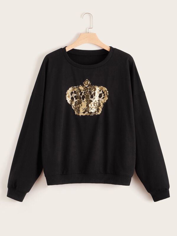 

Plus Leopard Contrast Sequin Pullover, Black