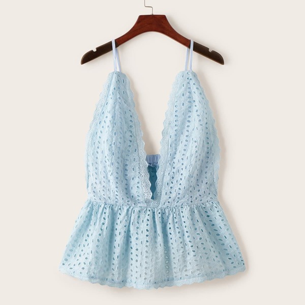 

Eyelet Embroidery Ruffle Hem Cami Top, Blue pastel