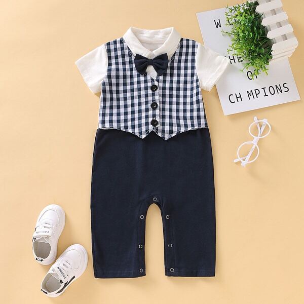 

Baby Plaid Contrast Panel Button Front Jumpsuit