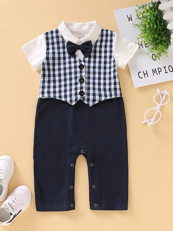 

Baby Plaid Contrast Panel Button Front Jumpsuit, Navy