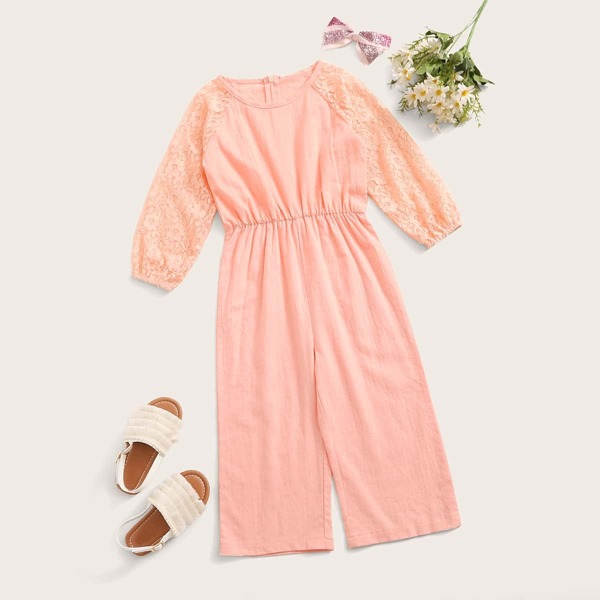

Toddler Girls Contrast Lace Sleeve Zip Back Jumpsuit, Pink
