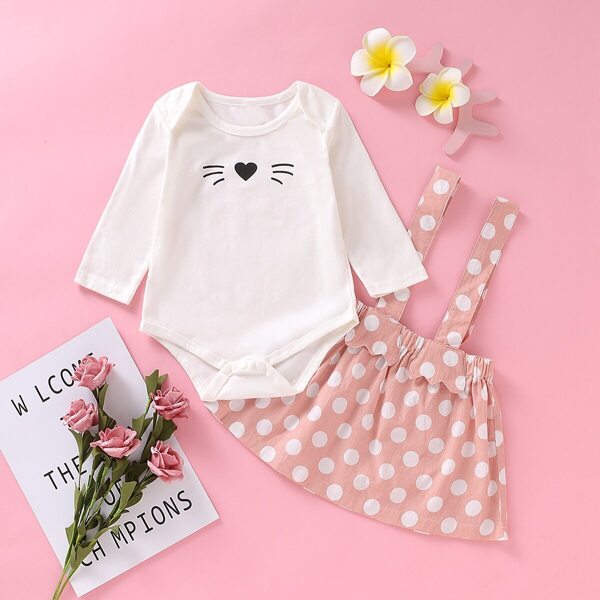 

Baby Girl Cartoon Print Romper With Polka Dot Skirt