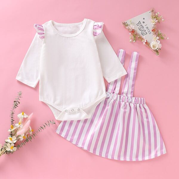 

Baby Ruffle Trim Top With Striped Button Skirt