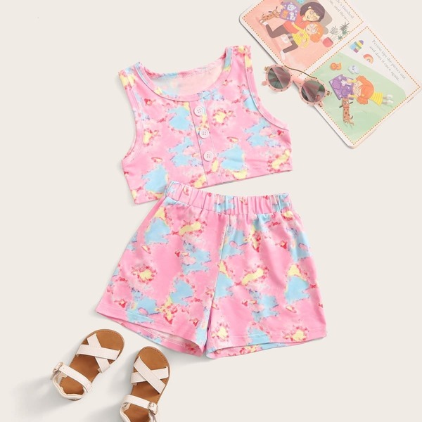 

Toddler Girls Tie Dye Button Front Top With Shorts