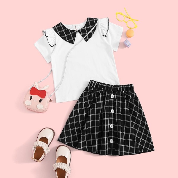 

Toddler Girl Peter Pan Collar Ruffle Trim Top With Button Up Plaid Skirt, Black and white