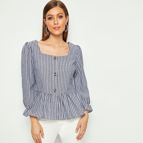 Square Neck Button Front Ruffle Hem Stripe Blouse