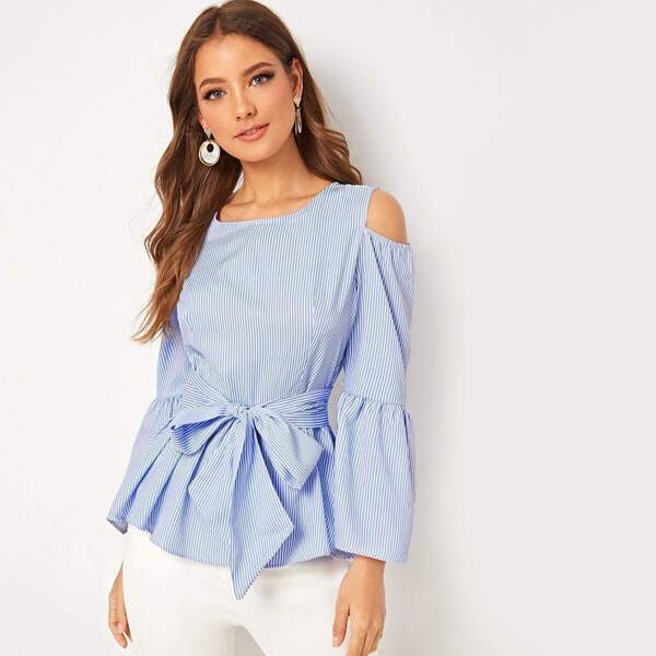 

Tie Waist Bell Sleeve Stripe Blouse