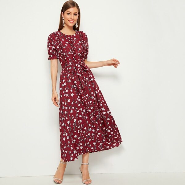 

Tie Waist Allover Floral Ruffle Longline Dress