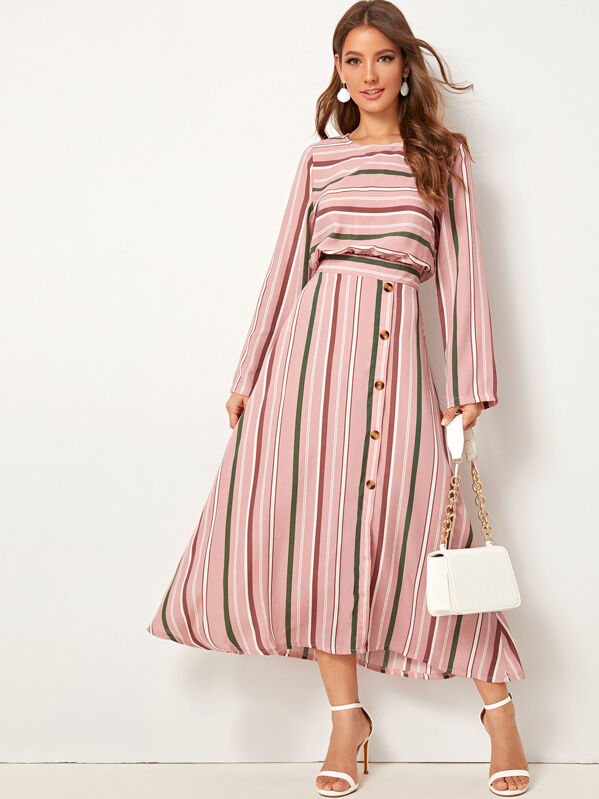 

Button Front Longline Stripe Dress, Pink, Debi