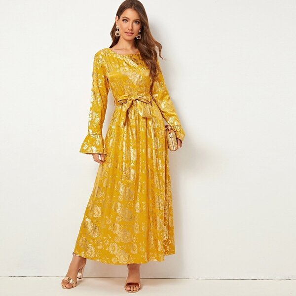 

Tie Waist Ruffle Sleeve Jacquard Longline Dress