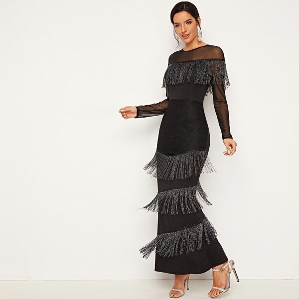 

Mesh Contrast Fringe Detail Dress