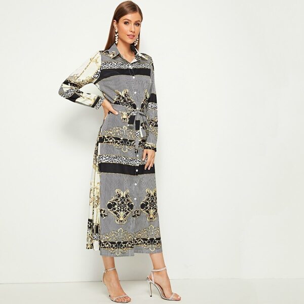 

Tie Waist Graphic Print Longline Shirt Dress