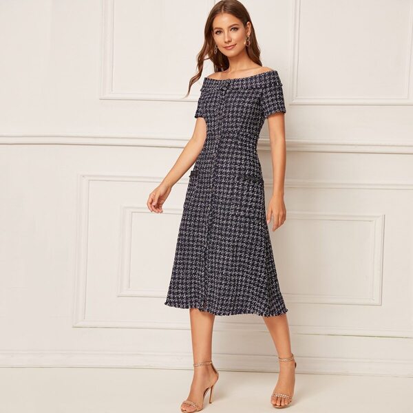 

Button Through Off-shoulder Plaid Tweed Dress