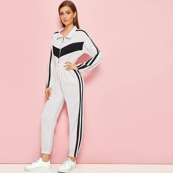 

Stripe Side Zip Front Jumpsuit, Black and white