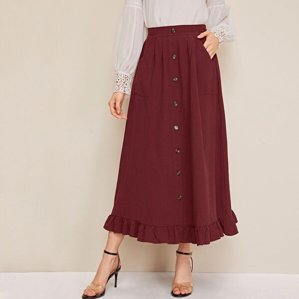 

Button Through Ruffle Hem Dual Pocket Skirt, Burgundy