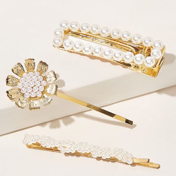 

Faux Pearl & Flower Decor Hair Clip 3pcs, Gold