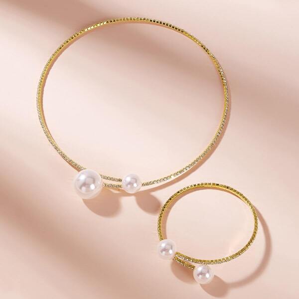

Faux Pearl Decor Choker & Bracelet 2pcs