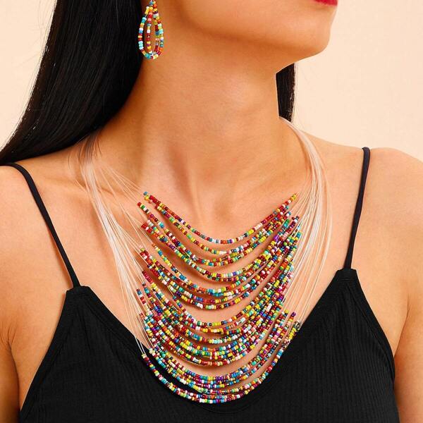 

Layered Beaded Design Necklace & Earrings 3pcs