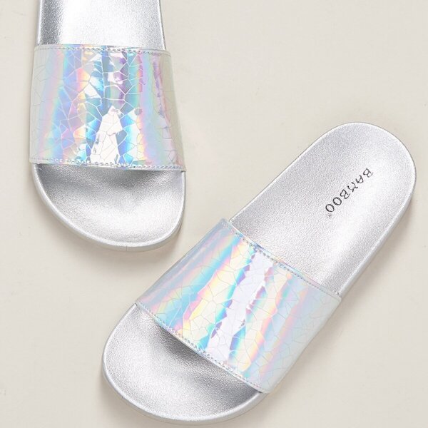 

Metallic Open Toe Solid Band Slide Sandals, Silver